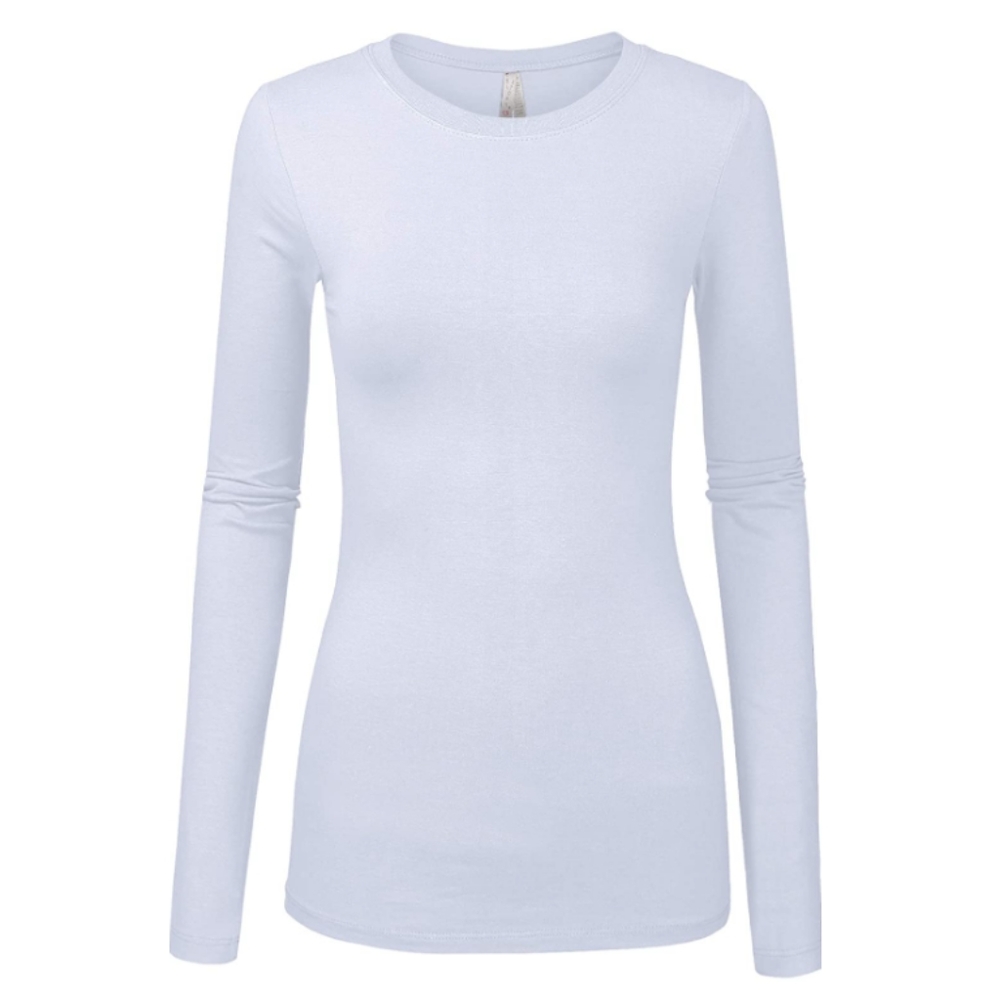 White round neck long sleeve solid fitted shirt